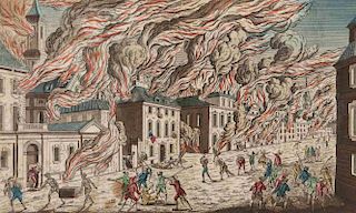 A VUE D'OPTIQUE ENGRAVING GREAT FIRE OF NEW YORK 1776