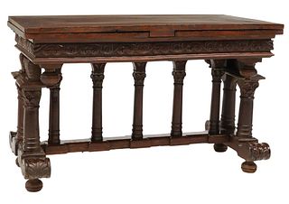FRENCH RENAISSANCE REVIVAL CARVED OAK DRAW-LEAF TABLE
