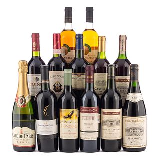 Lote de Vinos Tintos, Blancos y Espumosos de Francia, Estados Unidos, Italia y España. Total de piezas: 13. En presentación de 750 ml.
