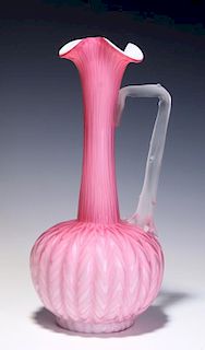 A TALL 19C. CRANBERRY SATIN MOTHER OF PEARL EWER