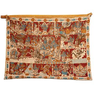 TAPIZ, INDIA, SIGLO XX. Pigmento sobre tela, decorado con escena hinduista, con bastidor superior de madera.