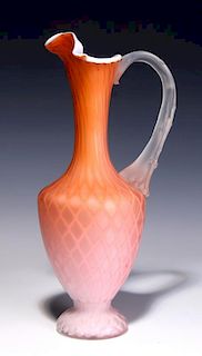 A TALL 19TH C. SATIN APRICOT MOTHER OF PEARL EWER