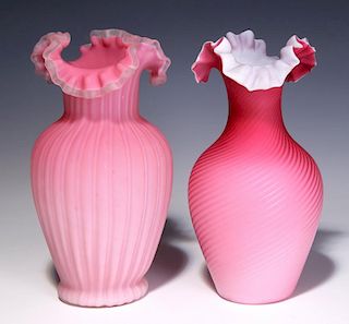 TWO 19TH C. RED CUT VELVET AND SATIN GLASS VASES