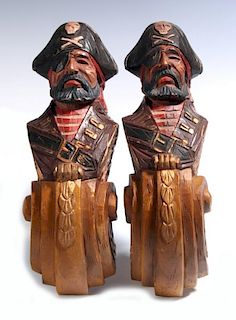 A PAIR CARVED WOOD PIRATE BUST PILASTERS