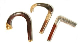 THREE 19C. GOLD FILLED AND STERLING CANE HANDLES