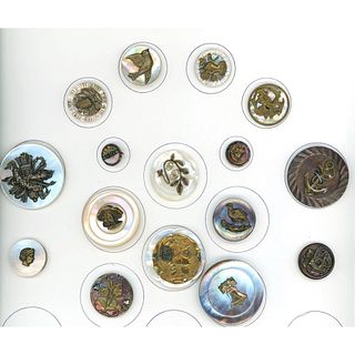 A partial card of division one pearl pictorial buttons