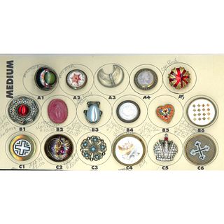 Small card of assorted Div 1 & 3 glass in metal buttons