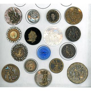 A partial card of assorted material pictorial buttons