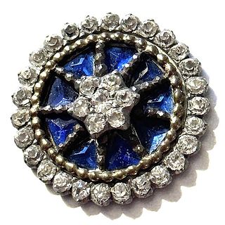 A division one "Glitzy" button with blue glass
