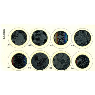 A small card of division one black glass picture buttons