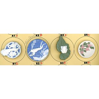 A small card of division 3 Jasperware pictorial buttons