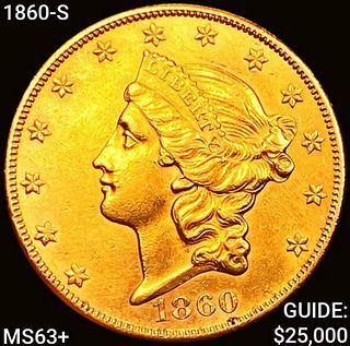 1860-S $20 Gold Double Eagle CHOICE BU+