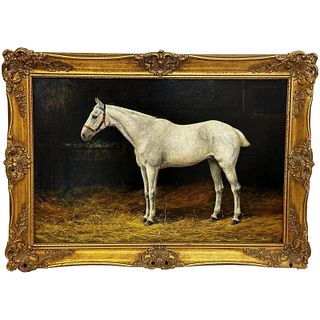  PORTRAIT OF GREY HORSE IN STABLE OIL PAINTING