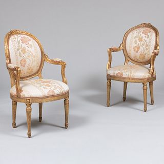 Pair of Italian Neoclassical Giltwood Armchairs, Milanese