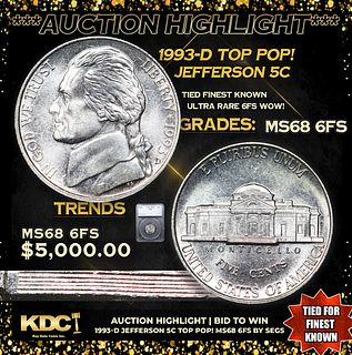 ***Auction Highlight*** 1993-d Jefferson Nickel TOP POP! 5c Graded ms68 6fs By SEGS (fc)