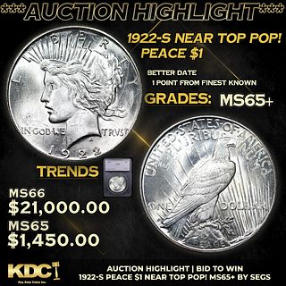***Auction Highlight*** 1922-s Peace Dollar Near Top Pop! $1 Graded ms65+ By SEGS (fc)