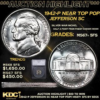 ***Auction Highlight*** 1942-p Jefferson Nickel Near TOP POP! 5c Graded ms67+ 5fs BY SEGS (fc)