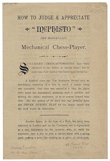 How to Judge & Appreciate “Mephisto” The Marvellous Mechanical Chess-Player.