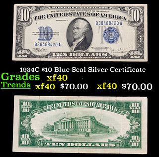 1934C $10 Blue Seal Silver Certificate Grades xf