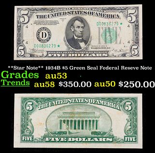 **Star Note** 1934B $5 Green Seal Federal Reseve Note Grades Select AU