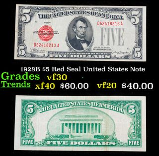 1928B $5 Red Seal United States Note Grades vf++