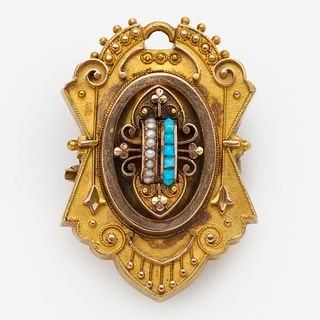  Antique 14k Pendant Brooch w/ Turquoise + Seed Pearls