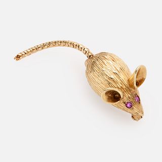  14k Mouse Brooch with Ruby Eyes