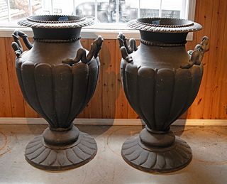 Pair of Continental Large Cast Iron Urns with Serpent Handles