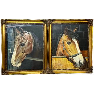 THOROUGHBRED HORSES IN STABLE OIL PAINTING