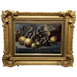 STILL LIFE OF GRAPES PEACHES FIGS FRUIT OIL PAINTING