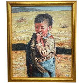 PORTRAIT OF A TRIBAL YOUNG  BOY OIL PAINTING