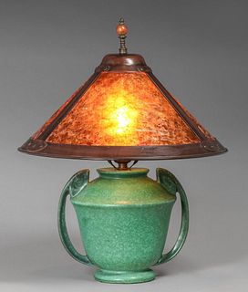 Roseville Moderne Art Deco Matte Green Vase & Mica Lamp Shade