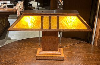 Prairie School Oak & Slag Glass Desk Lamp c1910