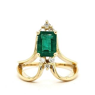 Emerald and Diamond Chevron-Contoured Curved Ring 
