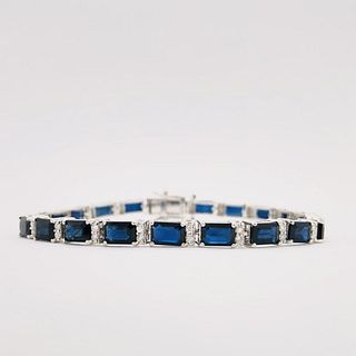 Octagon-Cut Blue Sapphire & Diamond Line Bracelet