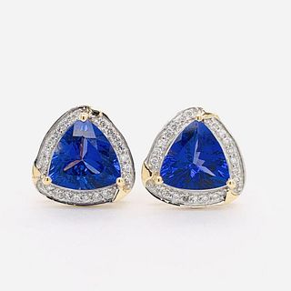 Trilliant Tanzanite and Diamond Halo Stud Earrings