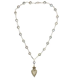 Pearl Necklace & Diamond Fleur de Lis Crown Heart 
