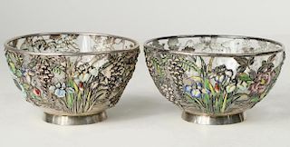 PAIR OF SILVER MOUNTED AND ENAMELED GLASS BOWLS
