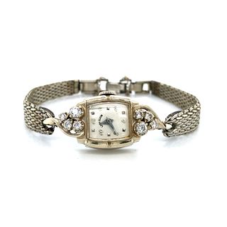Vintage 14k White Gold & Diamond Lady Elgin Mechanical Wristwatch 