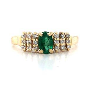 14k Yellow Gold Diamond & Emerald Ring Sz 8.5