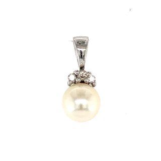 14k White Gold Single Pearl & Diamond Pendant 