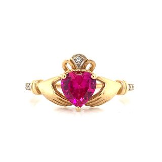 10k Yellow Gold Claddagh Pink Gemstone Heart Ring Sz7