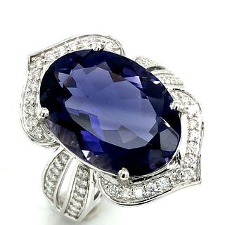 Rare-Sized Iolite in an Ornate Diamond Halo Ring 