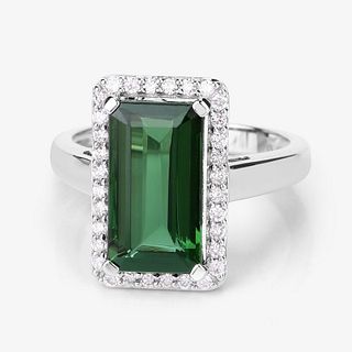 Green Tourmaline - Verdelite - & Diamond Halo Ring