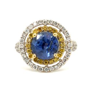 GIA Unheated Sapphire Bullseye Ring Yellow & White Diamonds