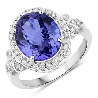 Tanzanite Ring with Diamond Halo & Leaf Shoulders