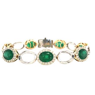 Emerald and Diamond Halo Elliptical Link Bracelet 