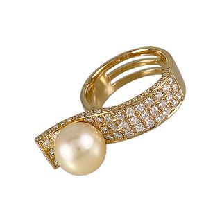 SOUTH SEA WHITE BUTTERFLY PEARL DIAMOND 18K YELLOW GOLD RING