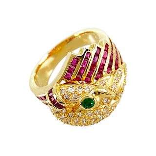 RUBY DIAMOND EMERALD 18K YELLOW GOLD RING