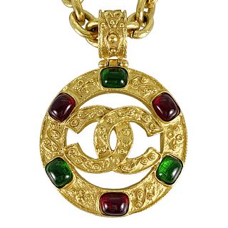 CHANEL COCO MARK GOLD PLATED COLORED STONE NECKLACE
